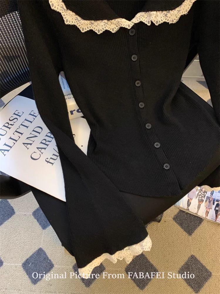 2024 Women's Autumn Knitted Cardigan: French Lace Peter Pan Collar, Bell Sleeves, Skirt Hem Crop Top