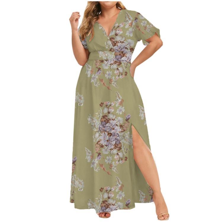 2024 Summer Women's Dress Large Size European American Printed Hem Split Fashion Trendy