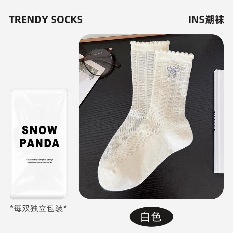 Socks Girls' Summer Bow Collegiate Style Women'S Socks Thin Breathable Socks Boneless Anti-Ball Mid-Tube Socks