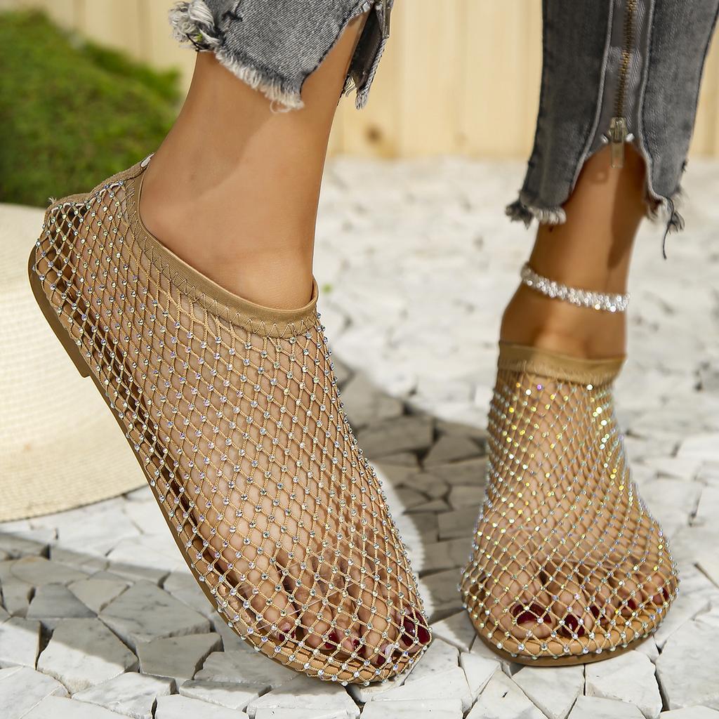 2025 Large Size Hollow Net Shoes Summer New Autumn Net Red Hundred with Foreign Gas Rhinestone Sandals a Foot Stirrups