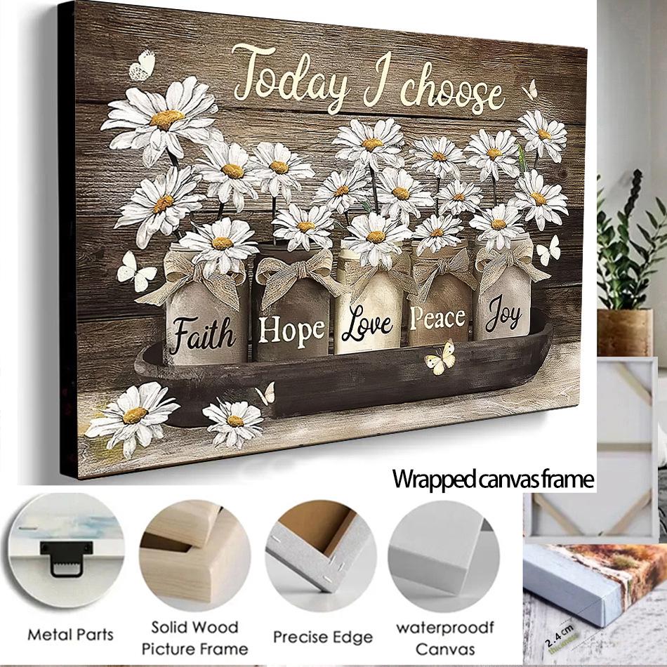 Retro Floral Wall Art: Daisy & Butterfly Canvas with Wooden Frame
