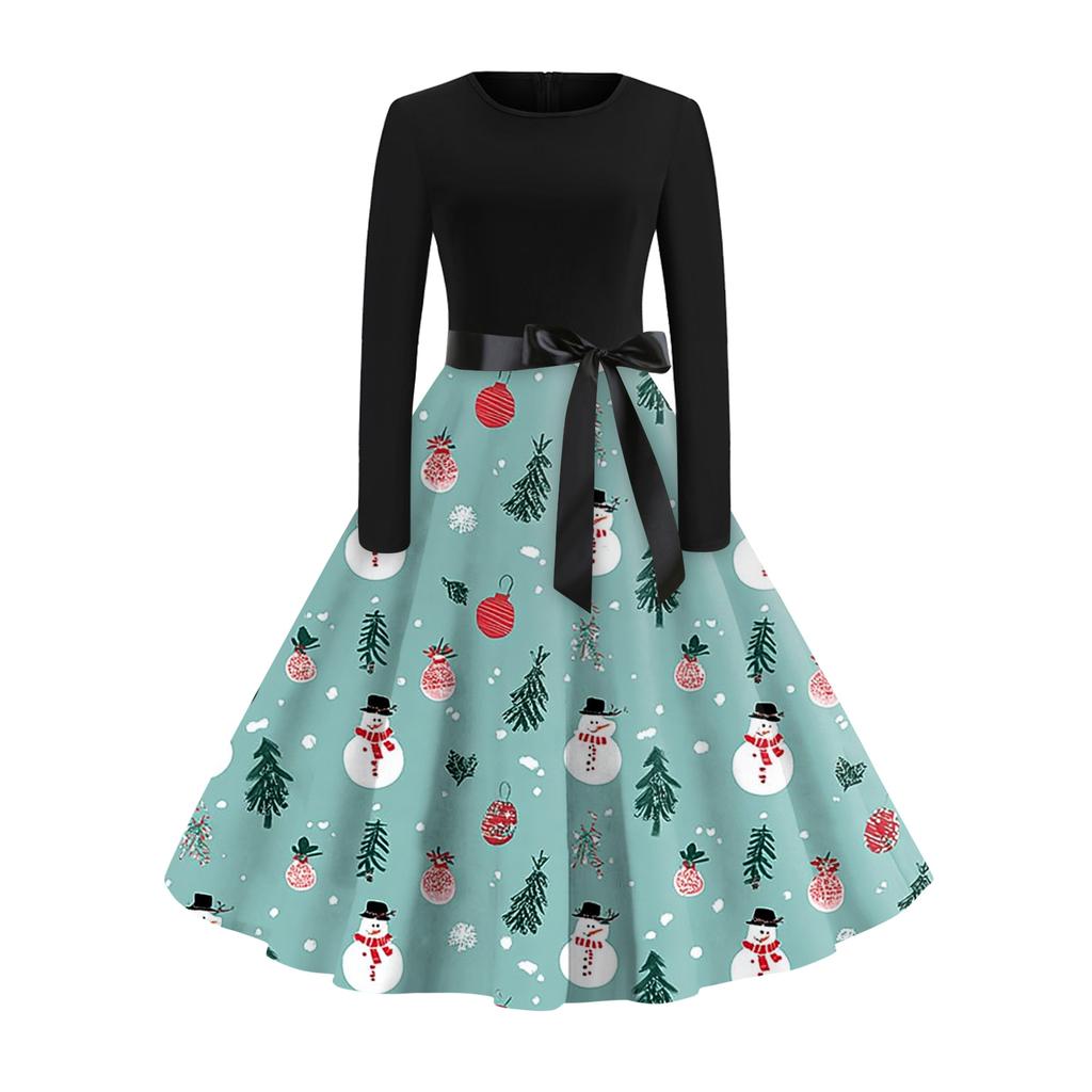 Women's Fashionable And Elegant Autmn And Winter Long-sleeved Round Neck Christmas Print Dress