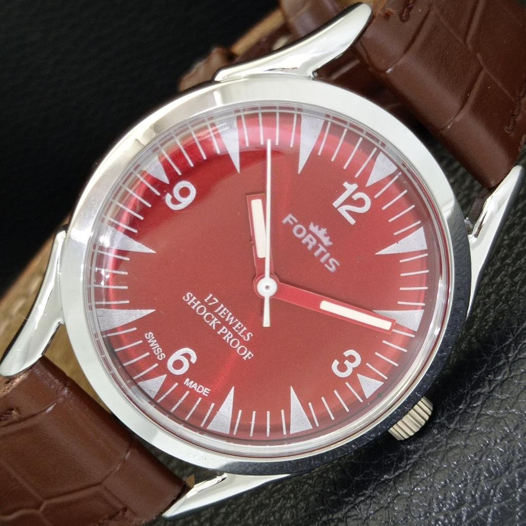 VINTAGE HAND-WINDING SWISS MENS REFURBISHED RED COLOR DIAL WATCH A701005-5 R205a-a701005