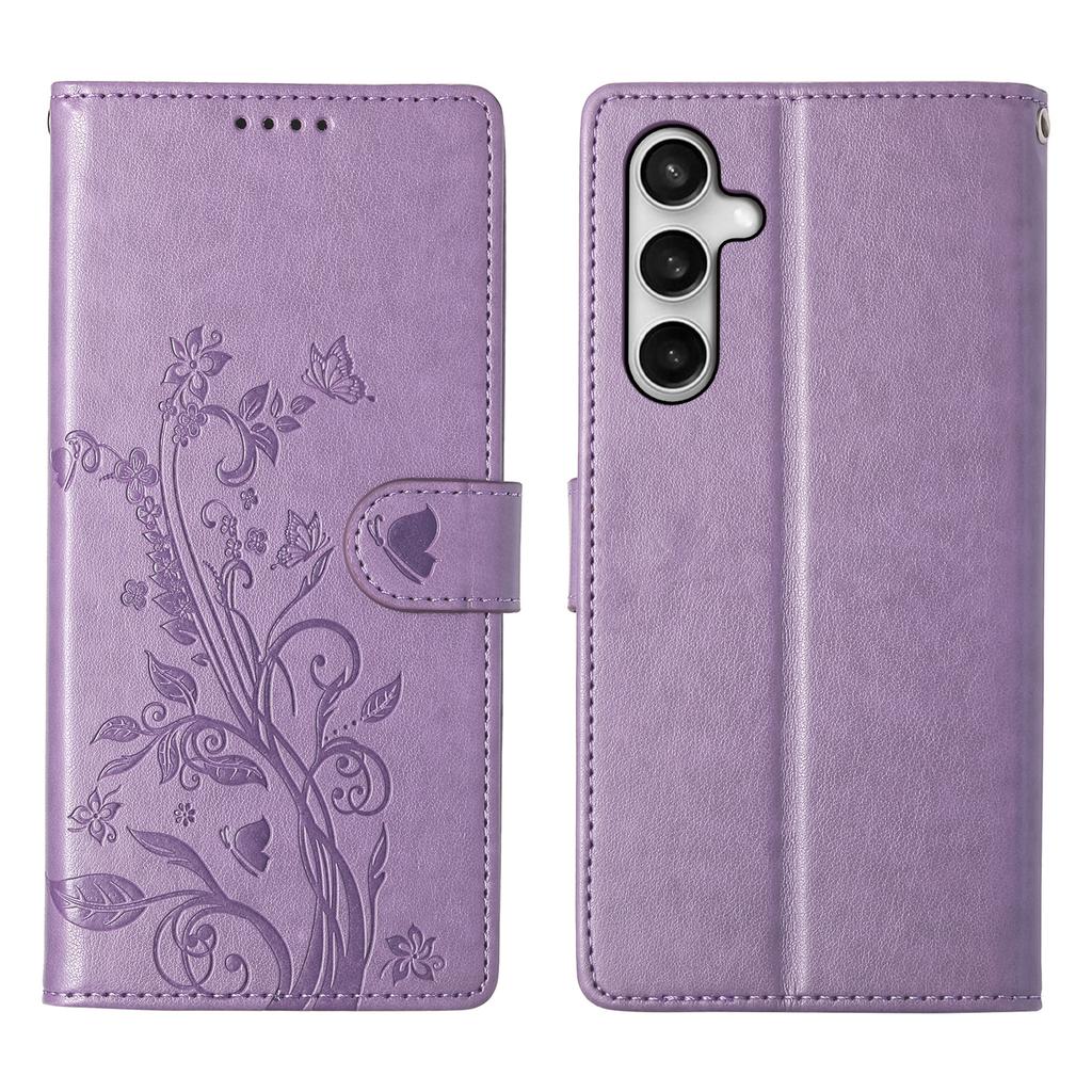 Etui portfelowe dla Samsunga Galaxy S25 FE z motywem motyla i kwiatowym nadrukiem, wykonane ze skóry PU, pokrowiec na telefon z paskiem na nadgarstek