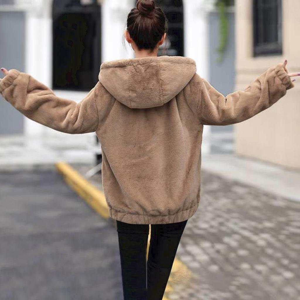 Plush Faux  Hooded Pocket Jacket For Women's Loose Plush Long Sleeved Women's Top