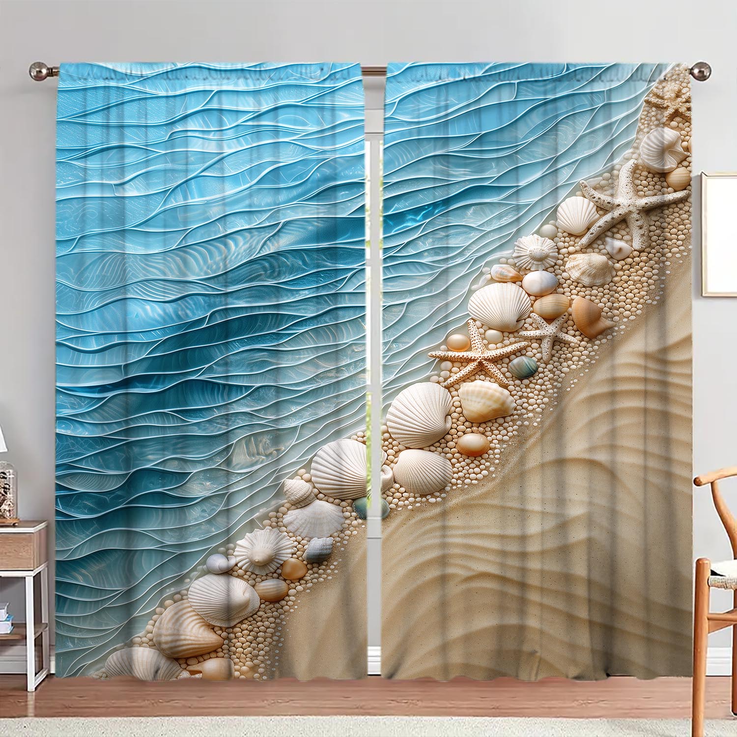 

Panels Beach Wave Shell Decorative Curtains Semi Transparent Without Lining Durable Polyester Fiber Curtain Made Of W100*H70(CM)-Hooks&1PCS