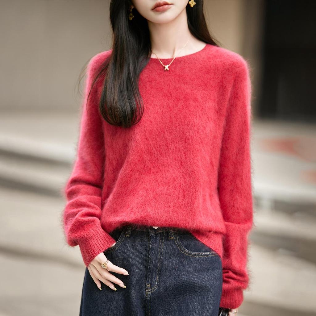 Women's Seamless Plush Knit Wool Sweater, Round Neck, Loose Fit, Long Sleeve - 2026 Autumn/Winter Collection