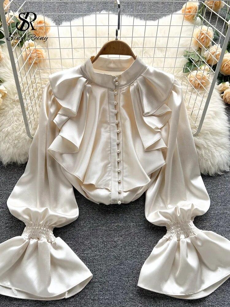 Satin Loose Shirt Long Flared Sleeves Ruffles O Neck Beading  Women Gentle Office Lady Casual Blouse