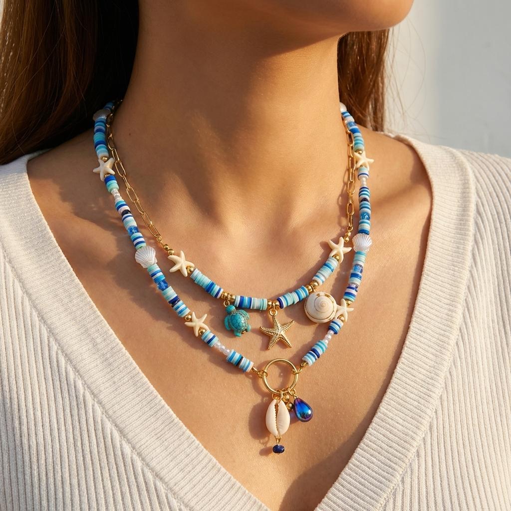 Bohemain Vintage Shell Starfish Turtle Multilayer Necklace for Women Ethnic Handmade Blue Beaded Necklaces Summer Beach Jewelry