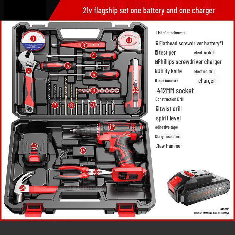 Cordless Lithium Battery Drill Hand Tool Set for Electricians & Carpenters - Multifunctional Repair Kit with Tool Box