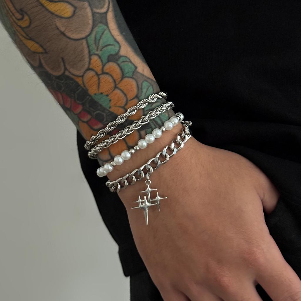 Hip-Hop Personality Four-Pointed Star Bracelet for Men Trendy Fashion Niche Pearl Braided Chain Bracelet Men's Jewelry