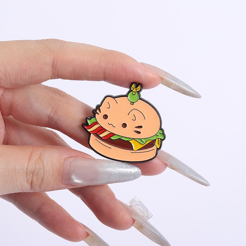 Cat Burger Enamel Pins Custom Cute Cat French Fries Brooches Lapel Badges Clothes Animal Jewelry Gift for Kids Friends