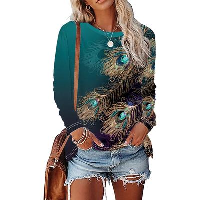 Peacock Feathers T-shirt Soft and Comfortable Long Sleeve Crew Neck Design for Casual Wear - Perfect for Ladies and Girls Wom