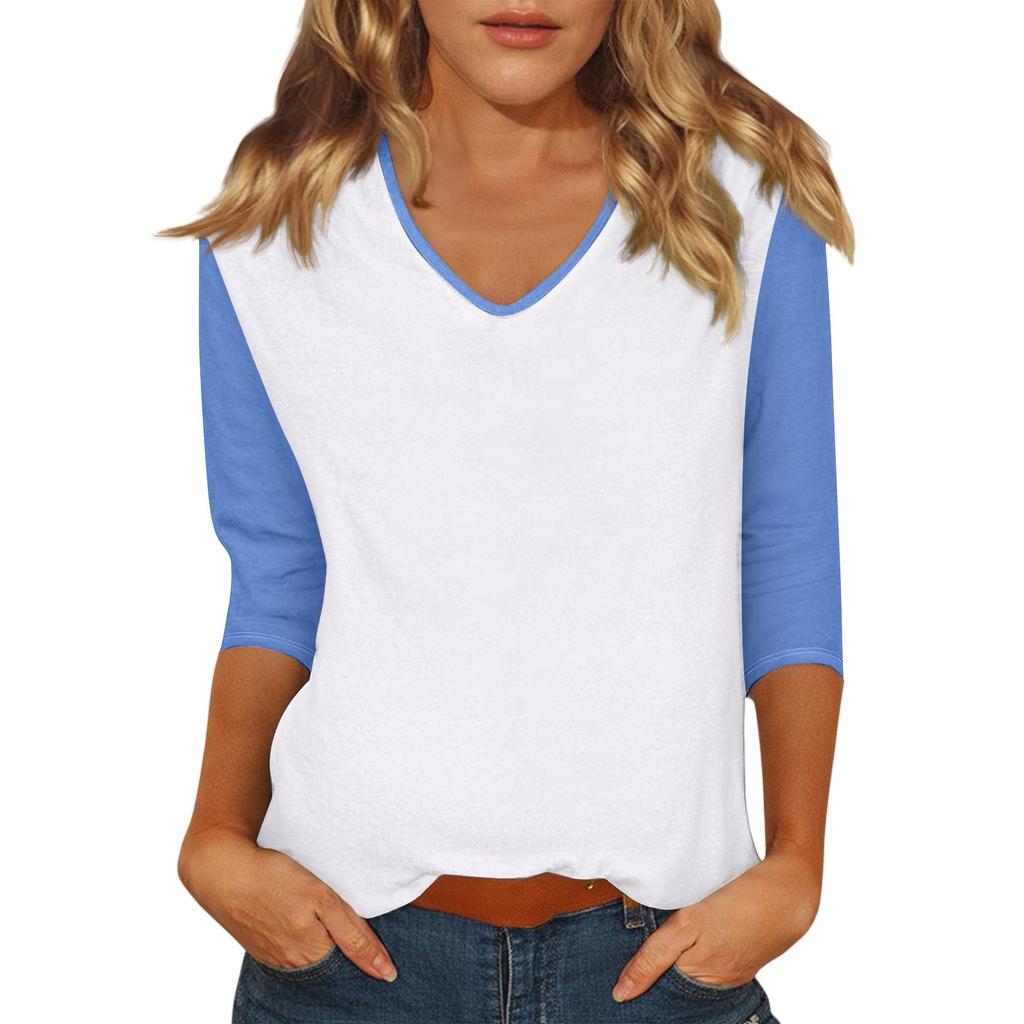 Women's Casual Fashion Sexy Comfortable V-neck Stitching Color Three-quarter Sleeve Top