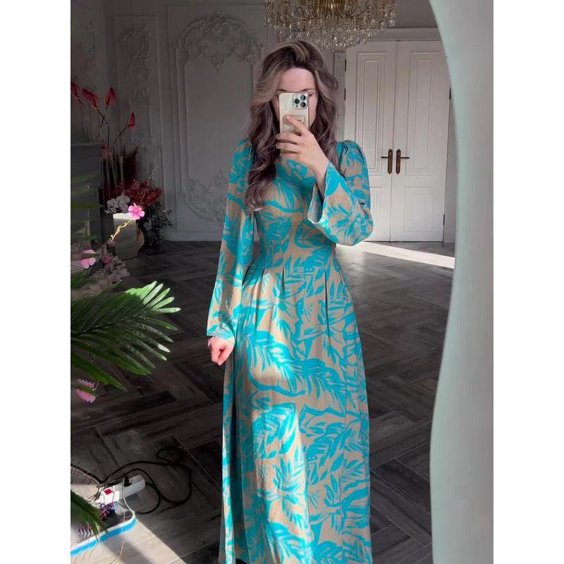 

Ближний Восток Новое поступление Этнический принт Платье с контролем талии, стройнящее, с длинным рукавом Платье с принтованным поясом Lake Blue S