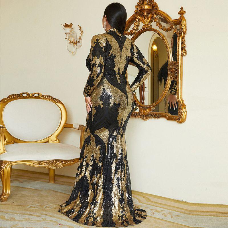 Cross-Border European and American High-End Long-Sleeved Elegant Dress, Long Sequined Birthday Party Evening Dress, Bridesmaid Dress, Dress