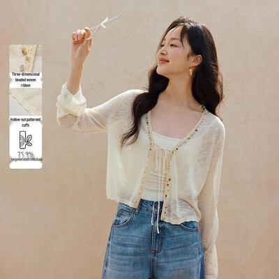 INMAN Women's French Style Beaded V-Neck Knit Cardigan
