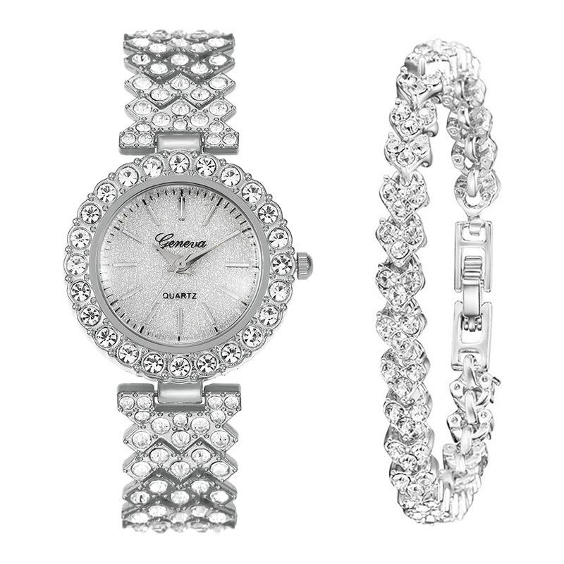 

2 шт. Роскошные элегантные часы из нержавеющей стали со стразами | Минималистичные модные кварцевые часы с браслетом, полностью инкрустированным стразами | Подарки на Ид