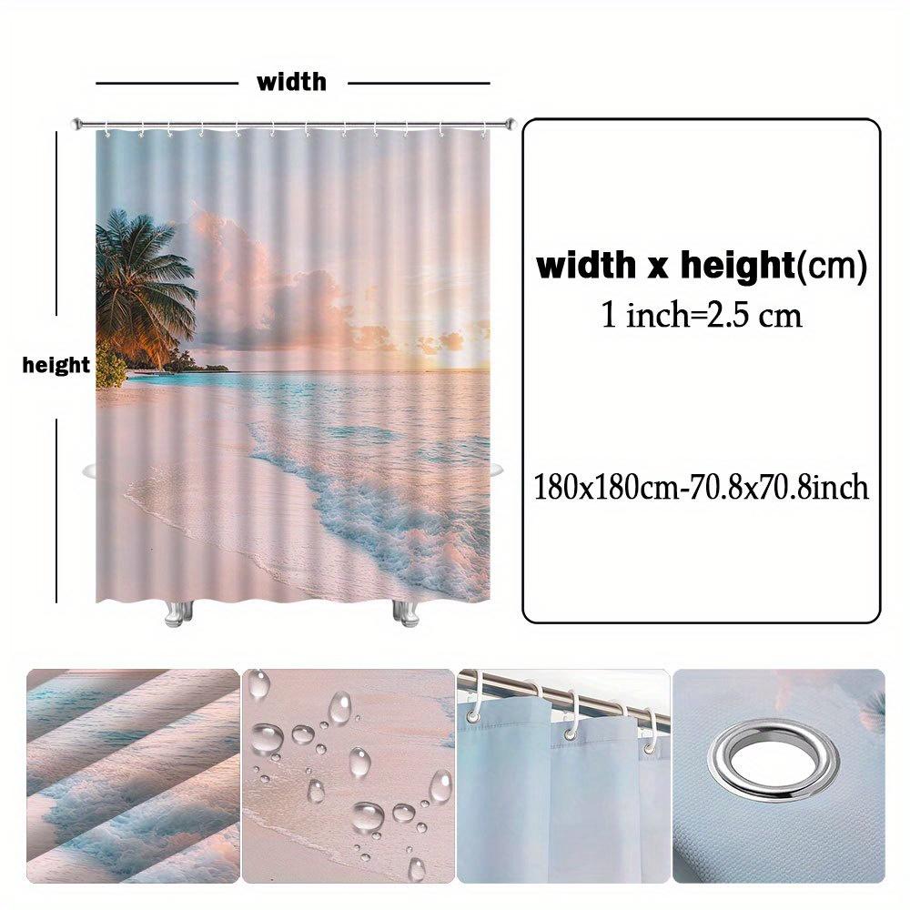 Tropical Sunset Beach Scene Shower Curtain 12 Hooks, Machine Washable Beach Theme Decorative Bathroom Shower Curtain
