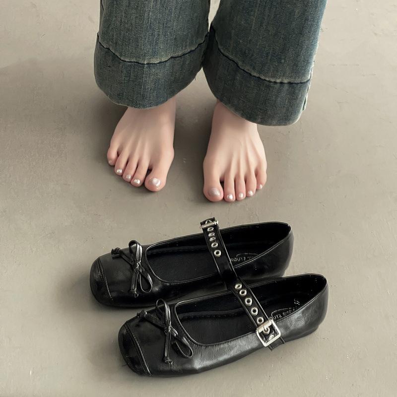

[SSBL] Ancient ballet bow Mary Jane shoes women s 2025 spring new French one-word belt small leather shoes 35 чорний