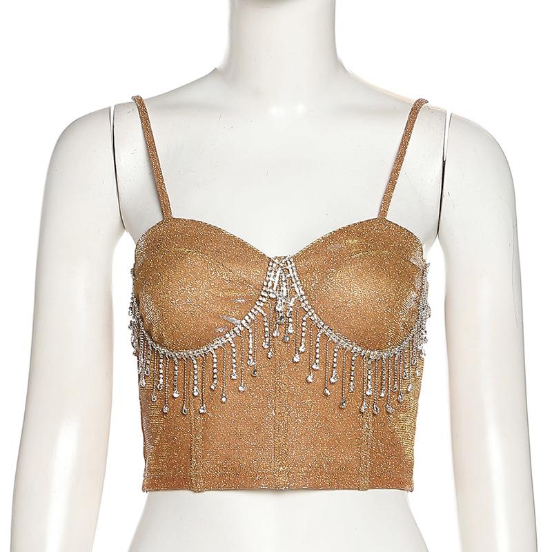 Bustiers Gothic Korsett Top Nachtclub Party Cropped Damen Tank Top Strass Quaste Cropped Navel Slim Tank Tops