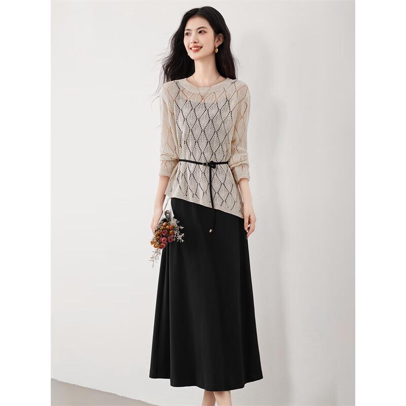 Women s Irregular Hem Knit Cardigan & Black Dress Two-Piece Set M