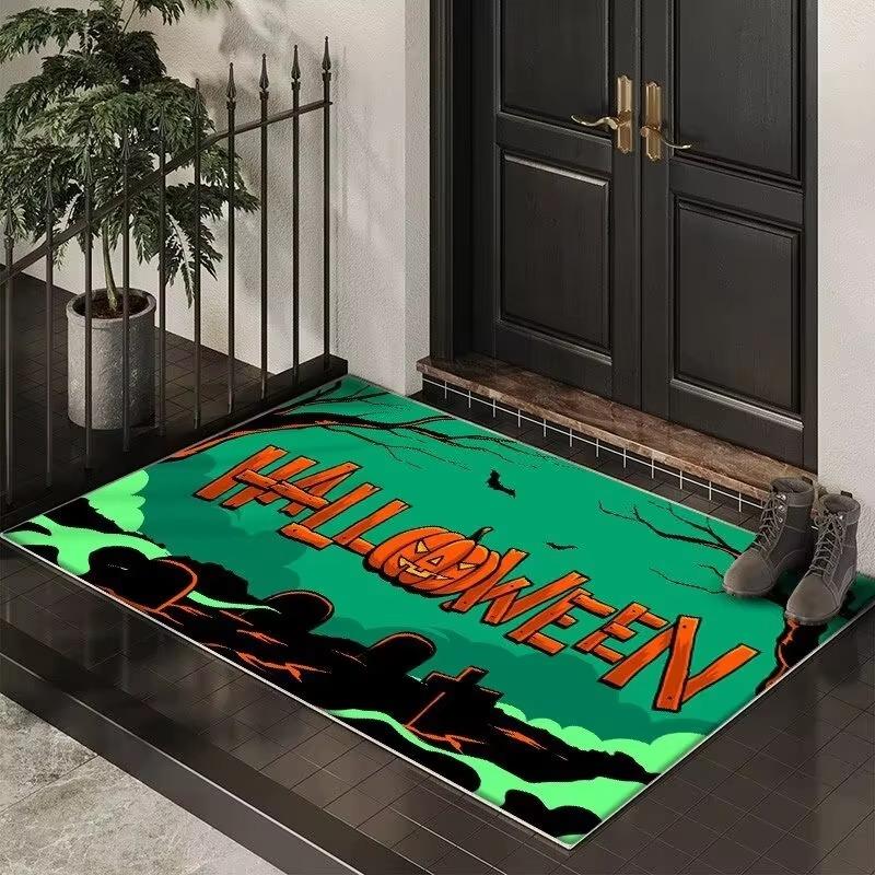 Halloween Themed Door Mat With Spooky Patterns Like Pumpkins Bats Black Cats Witches Non Slip Durable Entrance Rug