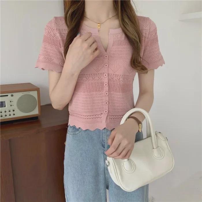 Women's Hollow Knit Cardigan - Short Sleeve, Mesh, Shawl Top, 2023 Spring/Summer Sunscreen Style