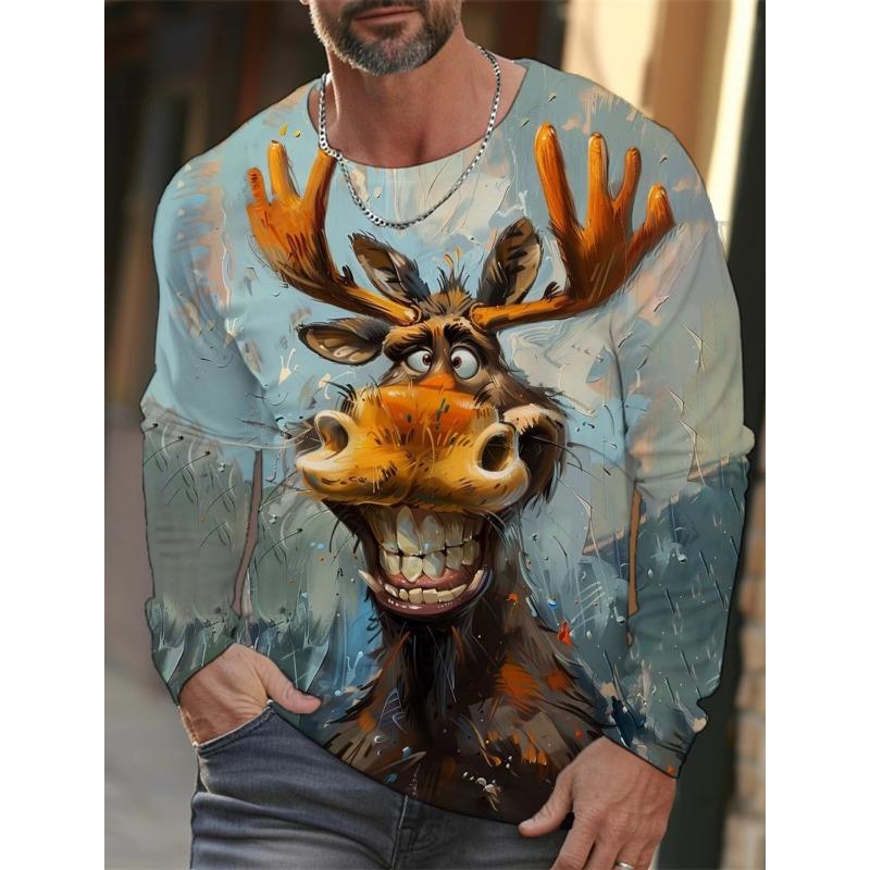 Spring and Autumn Round Neck 3D Printed Funny Animal Pattern Top Fashionable Casual Long Sleeved Men's T-shirts