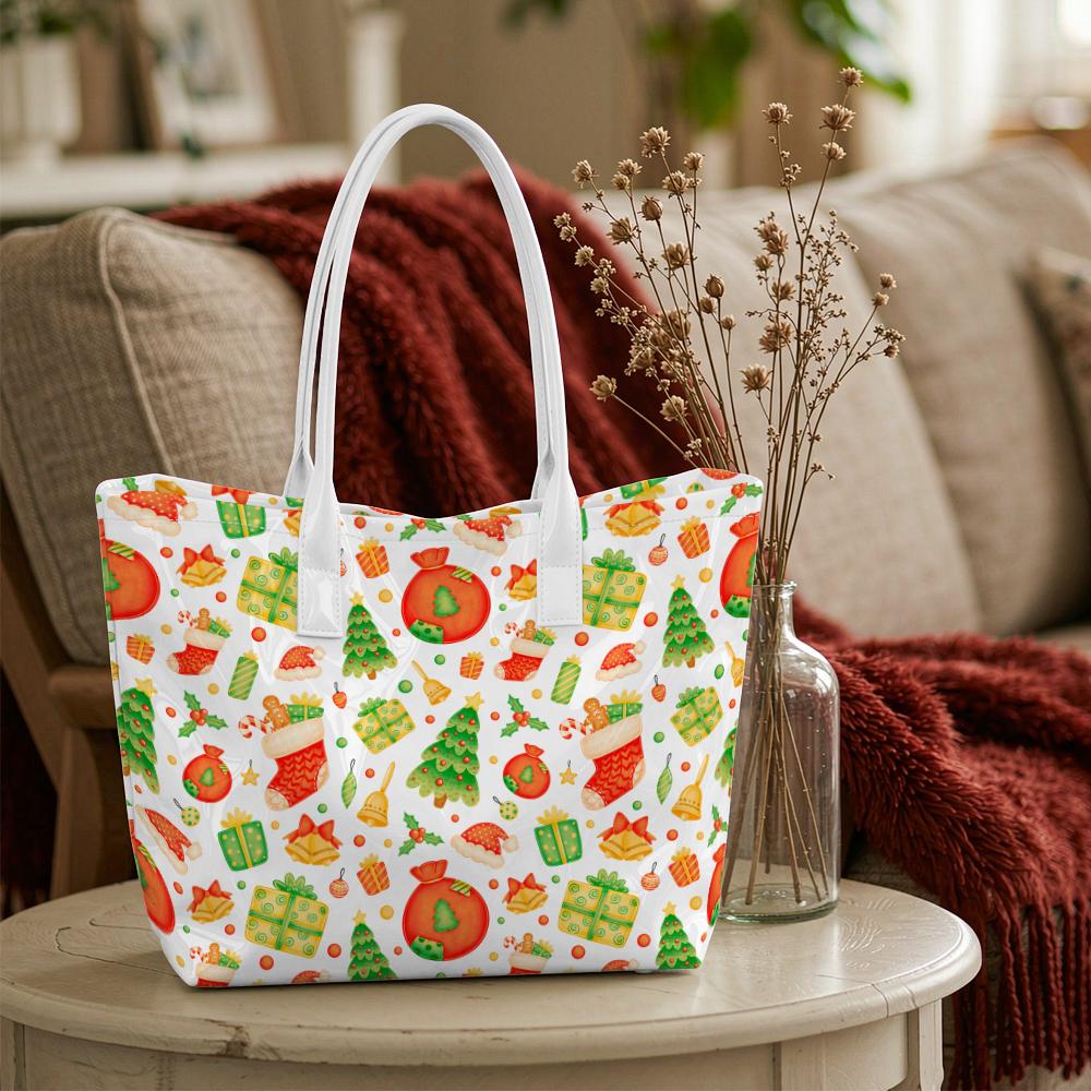 Christmas Pattern Tote Bag Fashionable Casual Large Capacity Portable Daily Carry Handbag for Women
