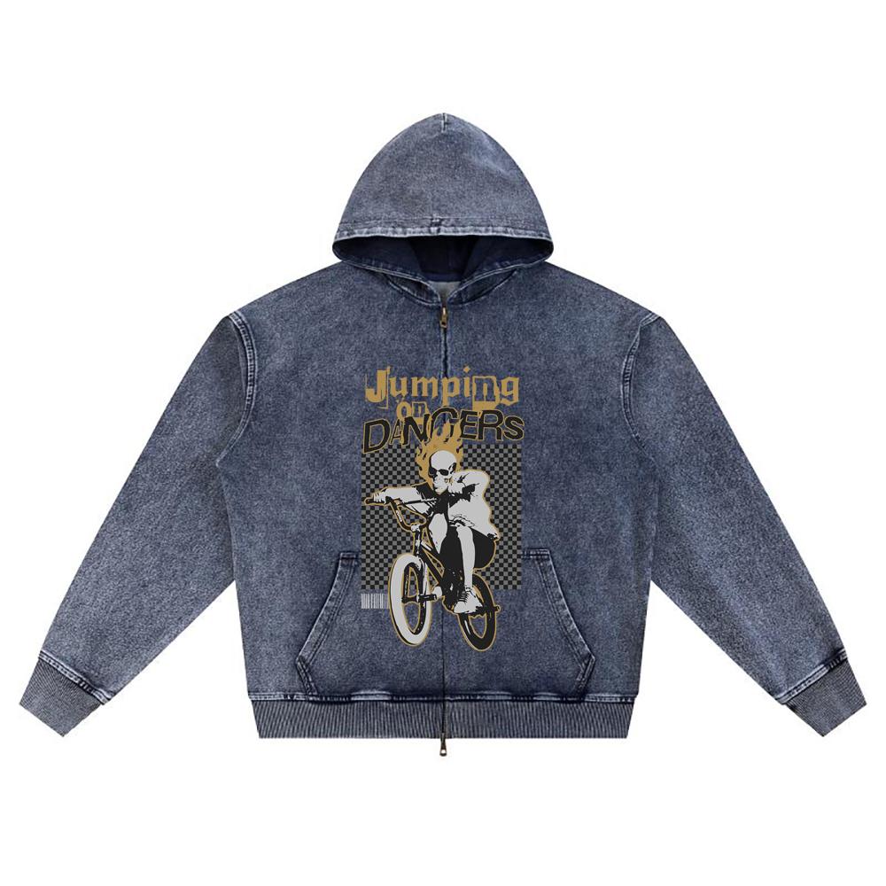 DTG print Knitted Denim Zip-Up Hoodie Jumping on Dangers Brother Print Zipper Hoodies