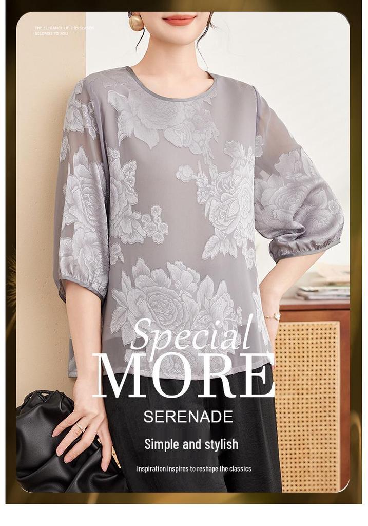 Stylish Round Neck Chiffon Pullover for Moms - Breathable Seven-Sleeve Summer Top for Middle-Aged & Elderly Women
