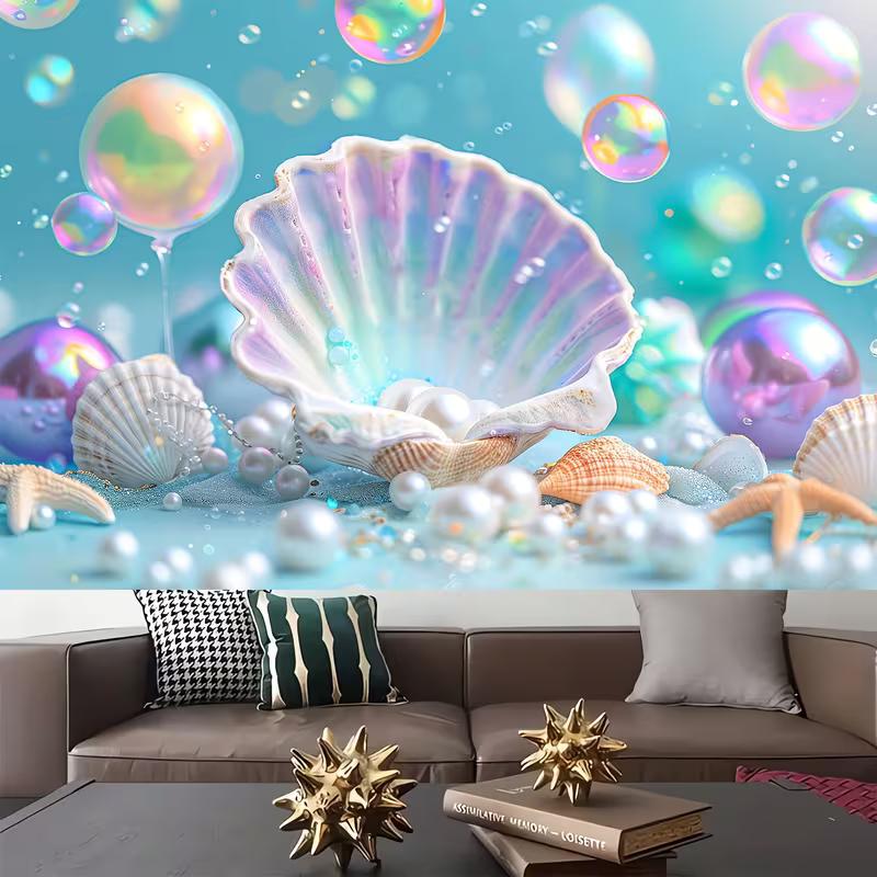 2D Under Sea Pearl Shell Photo Backdrop Mermaid Party Decor Cloth