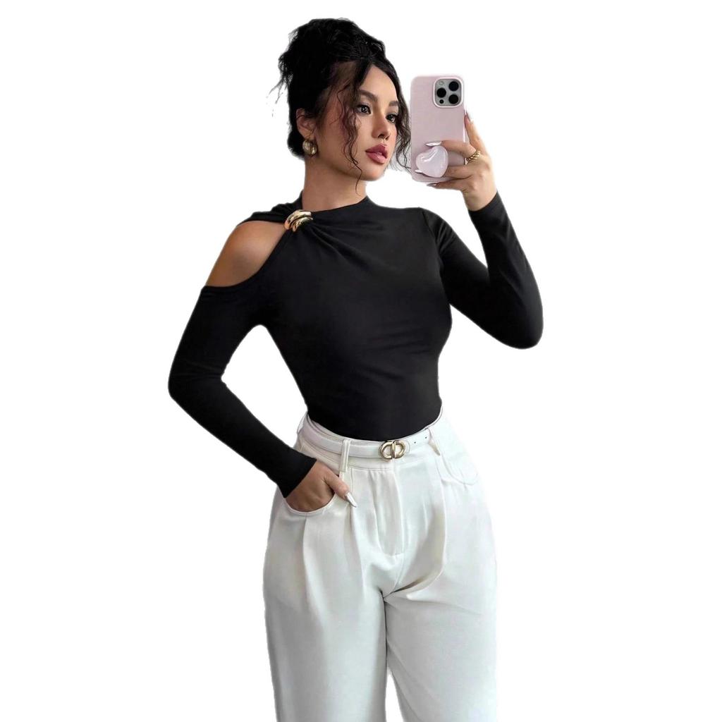 Frühling Asymmetrischer Ausschnitt Einseitig Schulterfrei Metall-Dekor Figurbetontes Schmeichelhaftes Oberteil Mode Tägliches Basic Büro Dame Lässig Slim Fit Damen Elegantes Oberteil