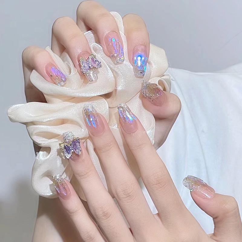 

Фантомно-фиолетовый кристальный бабочка флэш нейл-арт - Носимые горячо продаваемые типсы для ногтей из TikTok Glue Kit