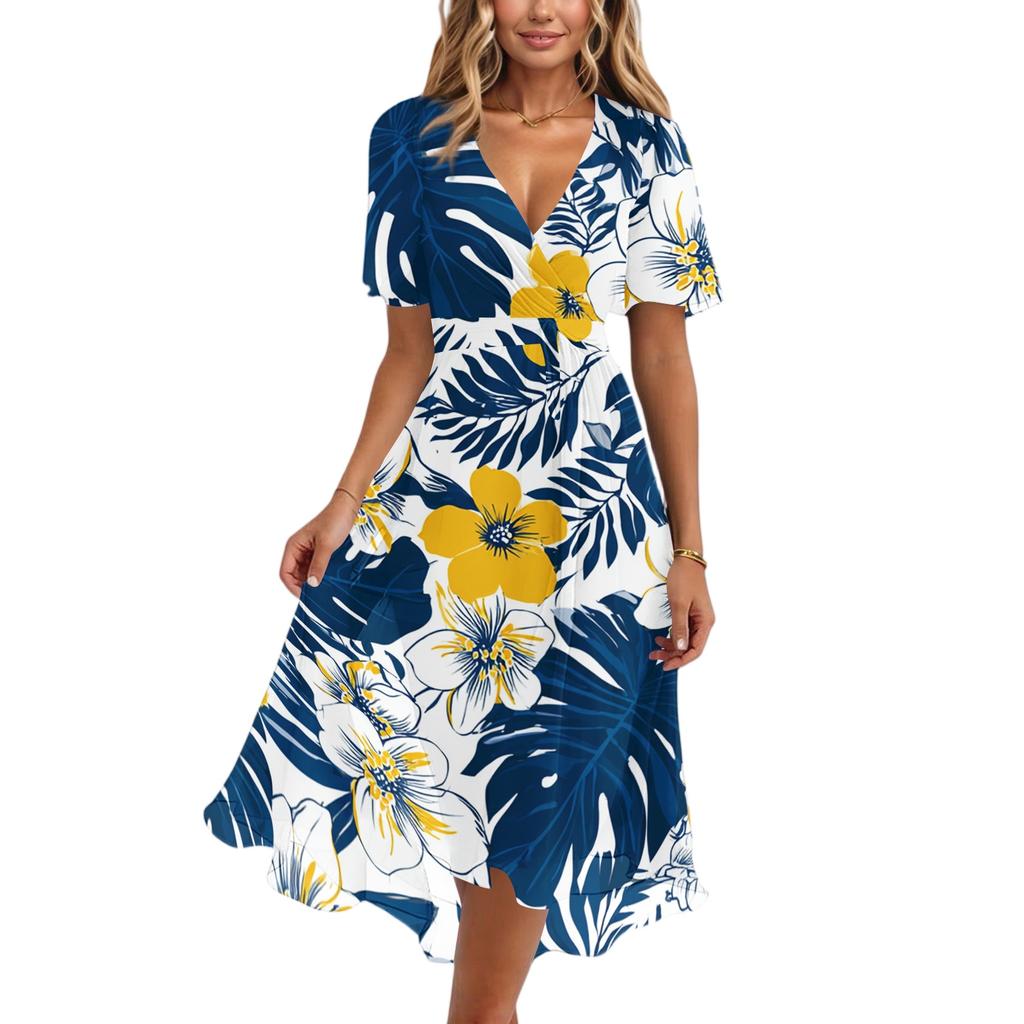 Women's Casual V Neck Short Sleeve Hawaiian Print Dress Summer Beach Midi Dress with Relaxed Fit and Lightweight Fabric for Daily Wear