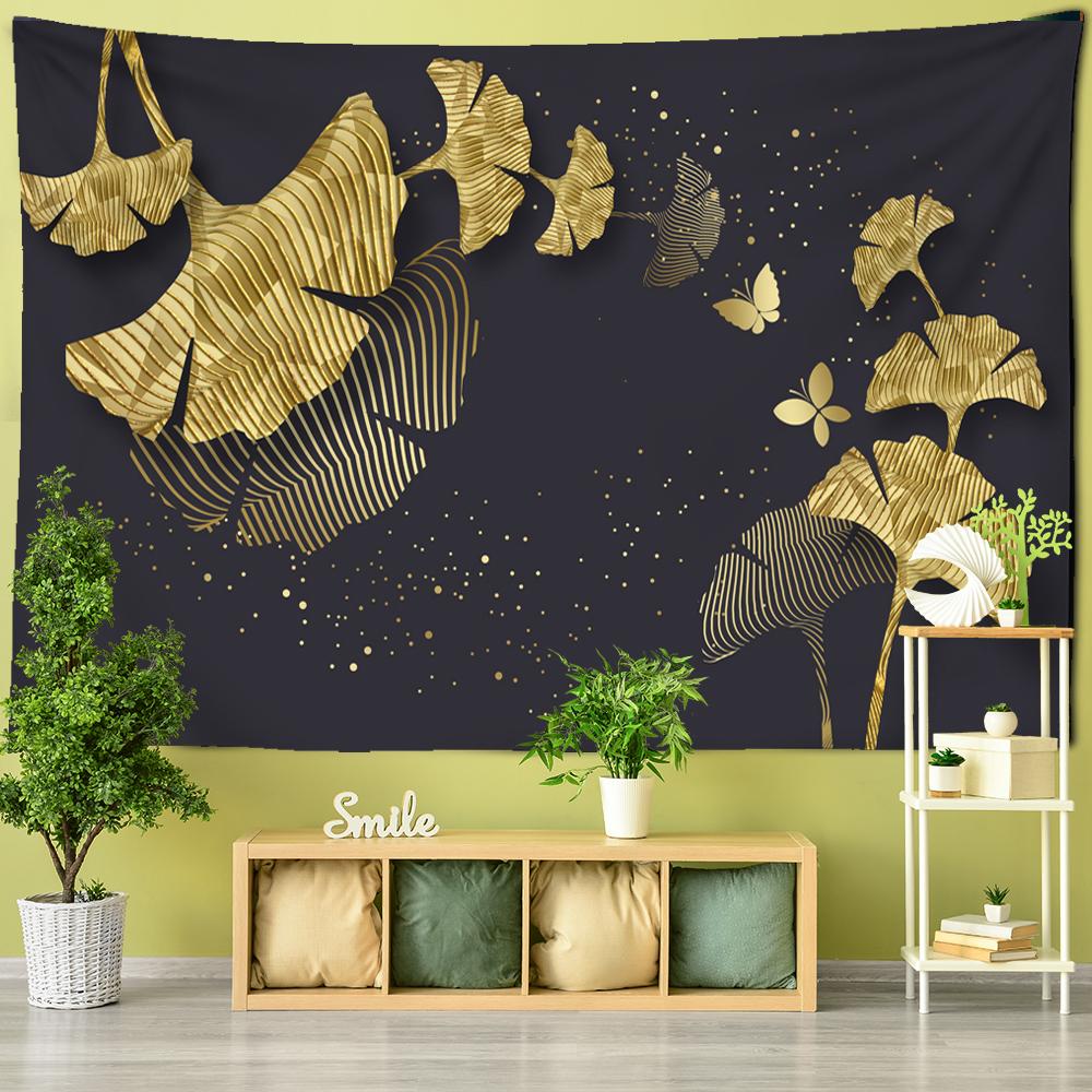 

Золотой гобелен с листьями гинкго, настенный гобелен, тропические листья, цветы, бохо, психоделический фон, покрывало для дома 95x70CM