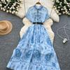 Kobiety Różowa Długa Sukienka Letnia Francuska Retro Krótki Rękaw Drukowane Sukienki Imprezowe Damskie Wąskie A-line Elegancka Długa Suknia Vestidos