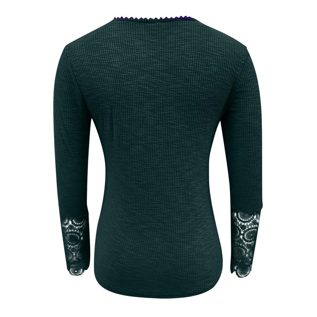 Ladies Casual Color Strip Color Slim Fit Round Neck Stitching Lace Sleeve T-Shirt