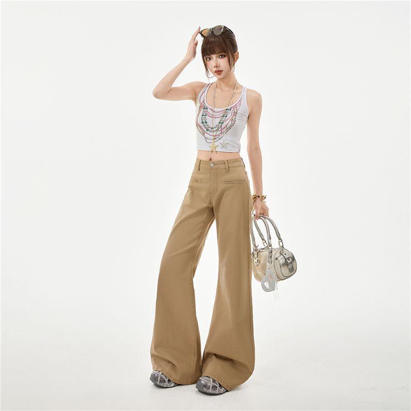 Spring Summer Coffee Soft Elastic Relax Slim Micro Flare Denim Pants For Ladies Casual Pants Oversize Denim Trousers