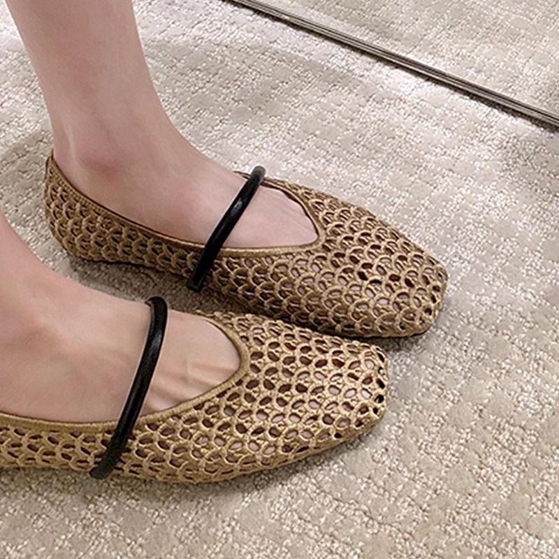 Women's Single Shoes Summer Hollow Breathable Woven Casual Shoes Fashionable Square Toe Soft Surface Shallow Mouth Flat Shoes