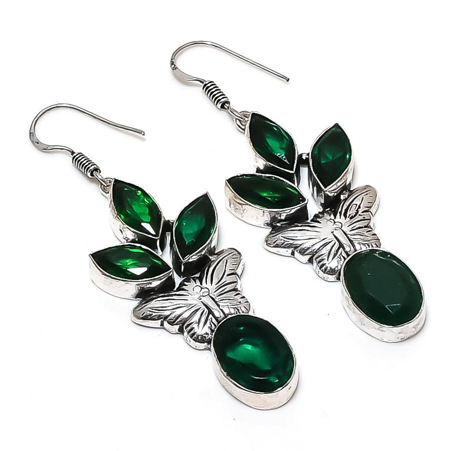 Natural Green Onyx, Diopside 925 Sterling Silver Jewelry Earring 2.48" M7J30