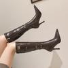 Stiletto Heel High Boots Autumn and Winter New Pointed Toe Side Zipper Metal Buckle Waterproof and Non-Slip Women's Shoes
