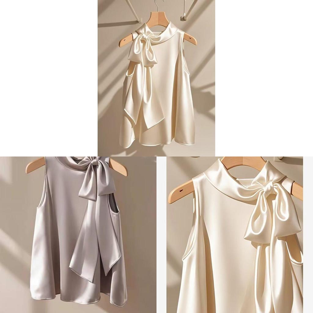 Französische Champagnerfarbene ärmellose Satinbluse mit Schleife für den sommerlichen Freizeitlook