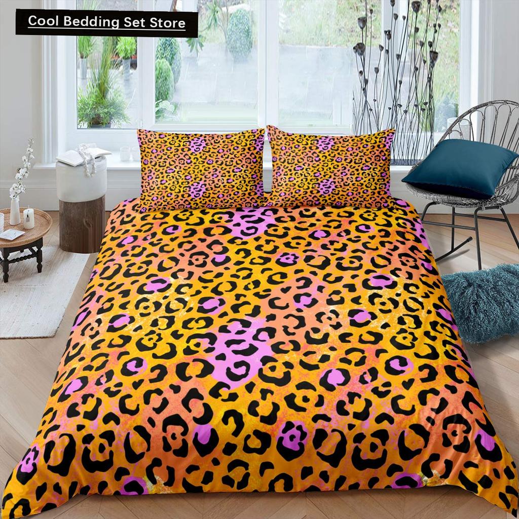 Pink Leopard King Queen Duvet Cover Girly Glitter Bedding Set Cheetah Skin Pattern Quilt Cover 2/3pcs Polyester Comforter Cover