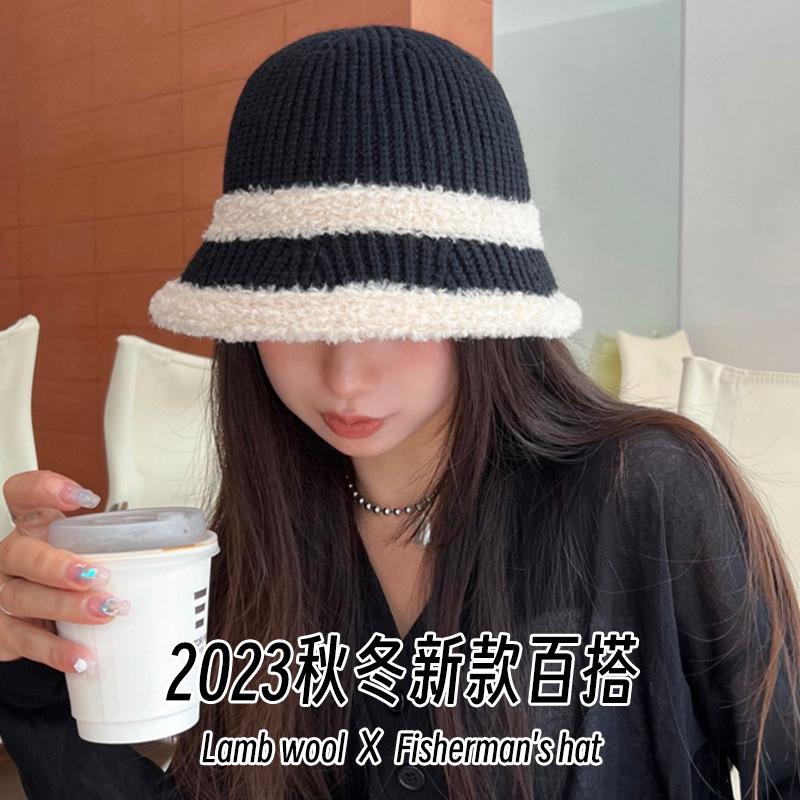 

Autumn and winter bucket hat women s knitted versatile solid color basin hat lamb wool warm and cold-proof face small bucket hat one size fits all сірий колір