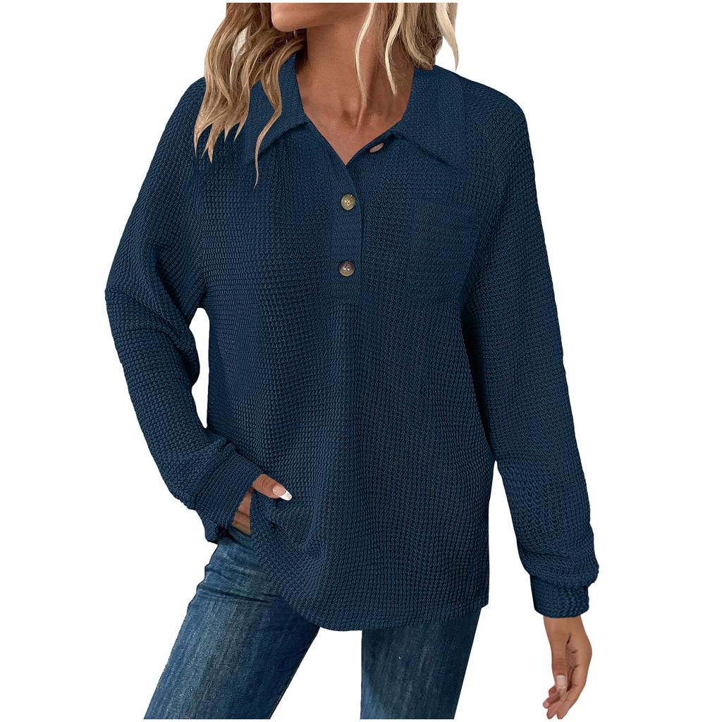 Women's Fashion Long-Sleeve Solid-Color Collared T-Shirt With Button-Up Front And Pocketed Casual Sweatshirt Top