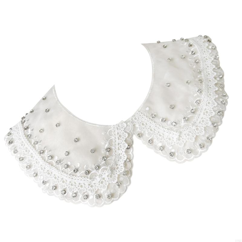 49ME Stylish Rhinestones Embellished Faux Collar for Women Blouse Multipurpose Shirt Accessory Lace Trim Organza False Collar