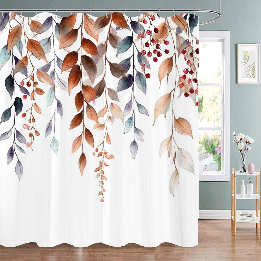 Modern Plants and Leaves Shower Curtain, Botanical Leaf Bathroom Decor Shower Curtain, Waterproof Shower Curtain with Hooks