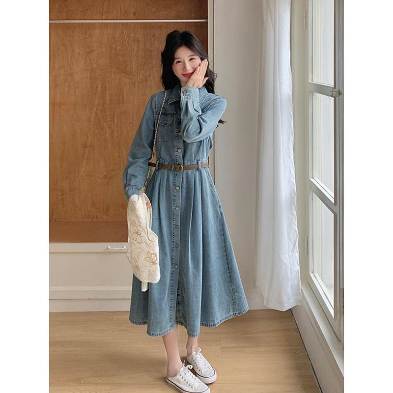 Blue Hong Kong Style Retro Denim Dress - Women's Autumn 2025 Waist-Cinching Shirt Dress, Age-Reducing & Fashionable